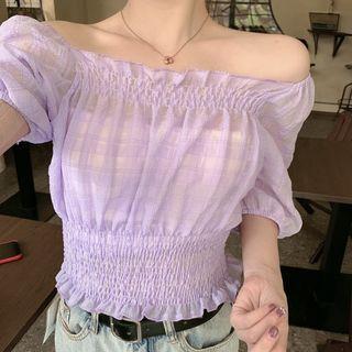 Puff-sleeve Sheer Frill Trim Crop Top