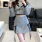 Long-sleeve Bow Cropped Plaid Jacket / High-waist A-line Mini Skirt