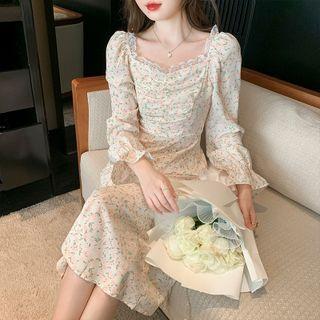 Square Neck Floral Midi A-line Dress
