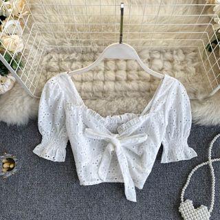 Cutout Lace-up Strap Bow Lace Puff-sleeve Top White - One Size