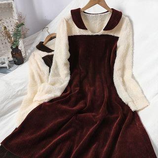 Long-sleeve Fringed Panel Midi A-line Dress