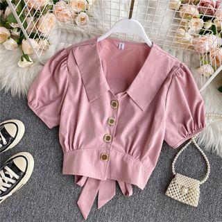 Puff Short-sleeve Collared Bow-back Cropped Blouse