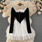 Lace Square-neck Panel Mesh Dress Black - One Size