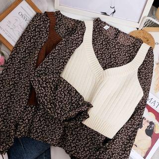 Floral Blouse / V-neck Plain Vest