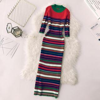 Long-sleeve Striped Midi Knit Sheath Dress