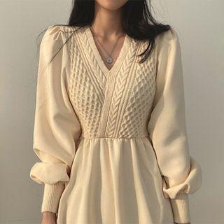 Puff-sleeve Cable Knit Panel A-line Dress