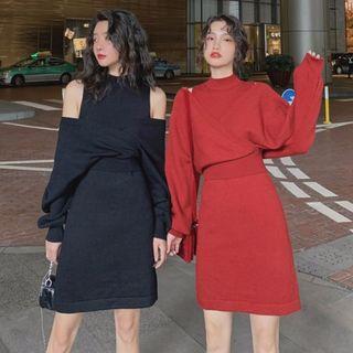 Set: Mock-turtleneck Sleeveless Knit Dress + Knit Top