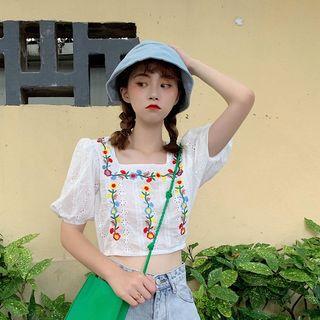 Square Collar Floral Embroidered Cropped Top White - One Size