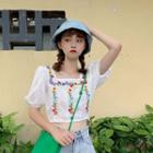 Square Collar Floral Embroidered Cropped Top White - One Size
