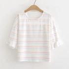 3/4-sleeve Frill Trim Striped T-shirt White - One Size