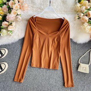 Square-neck Plain Skinny Long-sleeve Top
