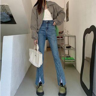 Distressed Sit-hem Boot-cut Jeans