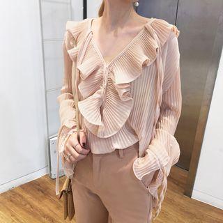 Ruffle Trim Pleated Chiffon Blouse