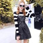 Set: Striped Knit Top + Faux Leather Mini Pinafore Dress