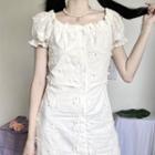 Short-sleeve Floral Applique Mini A-line Dress