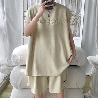 Set: Sleeveless Lettering T-shirt + Wide Leg Shorts