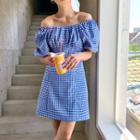 Puff-sleeve Square-neck Gingham A-line Dress