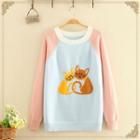 Round-neck Color-block Cat Printed Sweater