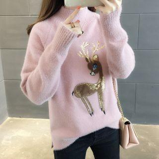 Sequined Deer Embroidered Mock-neck Sweater
