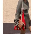 Braided-strap Stripe Knit Tote Bag Red - One Size