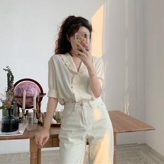 Short-sleeve Ruffle Trim Blouse Beige - One Size