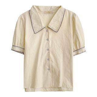 Puff-sleeve Contrast Trim Shirt Almond - One Size