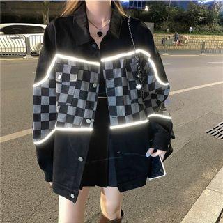 Long Sleeve Plaid Panel Denim Jacket Check - One Size