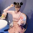 Long-sleeve Mandarin Collar T-shirt / Plaid Mini A-line Pleated Skirt