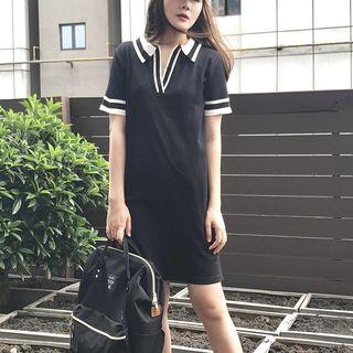 Contrast Trim Split Neck Short Sleeve Polo Shirt Dress