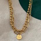 Disc Pendant Layered Stainless Steel Necklace K03 - Lucky - Gold - One Size