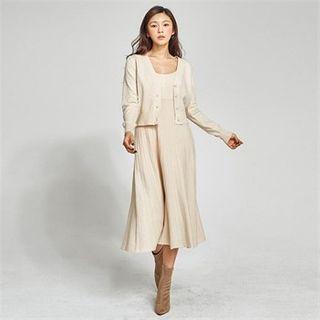 Set: V-neck Cardigan + Knit Pinafore Dress