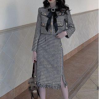 Set: Houndstooth Ribbon Buttoned Blouse + Fringed Midi Skirt