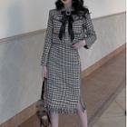 Set: Houndstooth Ribbon Buttoned Blouse + Fringed Midi Skirt