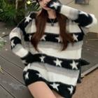 Star Print Color Block Striped Sweater