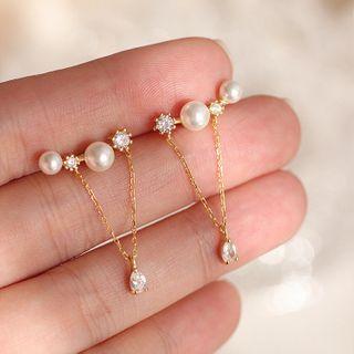 925 Sterling Silver Faux Pearl Rhinestone Drop Earring