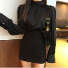 Balloon-sleeve Blouse / A-line Mini Skirt
