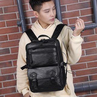 Faux Leather Double Buckles Backpack Black - One Size