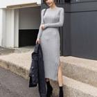 Side Slit Long-sleeve Midi Sheath Knit Dress Light Gray - One Size