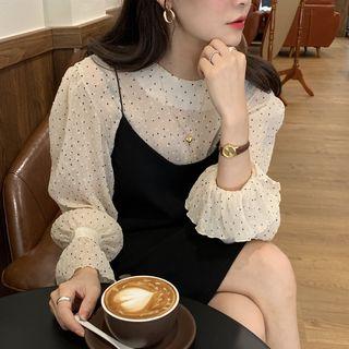 Dotted Blouse / Plain Spaghetti Strap Dress