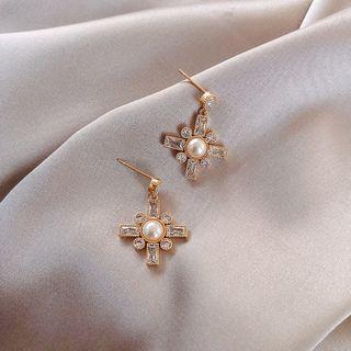 Faux Pearl Rhinestone Cross Dangle Earring 1 Pair - As Shown In Figure - One Size