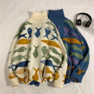 Fish Patterned Turtleneck Sweater