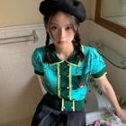 Short-sleeve Colored Panel Knit Top Green - One Size