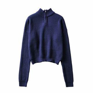 Mock-neck Knit Sweater Dark Blue - One Size