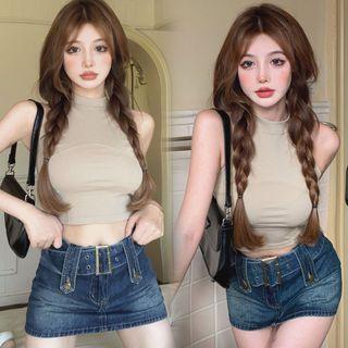 Sleeveless Top / Denim Mini Skirt