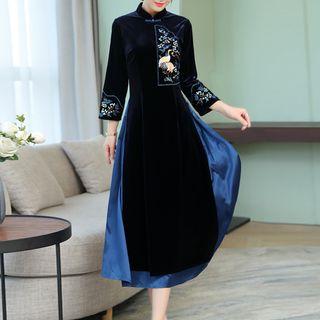 Long-sleeve Embroidered Velvet Midi A-line Qipao Dress
