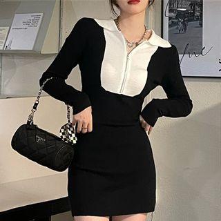 Long-sleeve Two Tone Knit Bodycon Dress Black - One Size