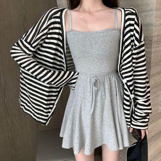 Spaghetti Strap A-line Dress / Striped Cardigan