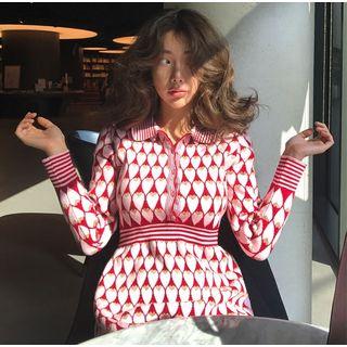 Patterned Long-sleeve A-line Knit Dress