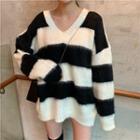 Striped V-neck Loose-fit Sweater Stripes - Black & White - One Size