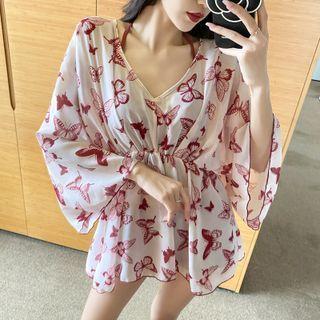 Set: Halter Bikini Top + Bottom + Butterfly Print Cover Up